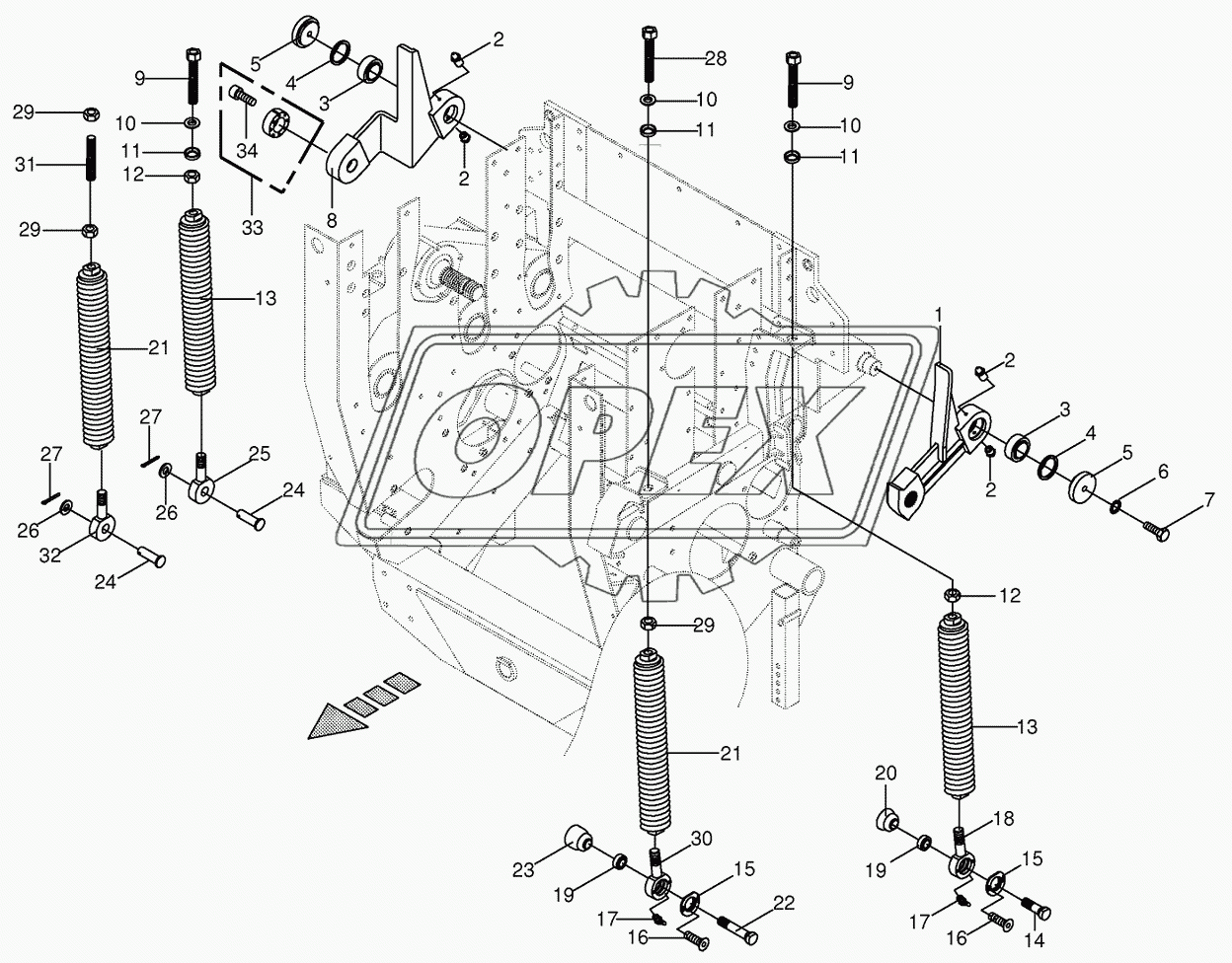 Oscillating levers/Tension spring