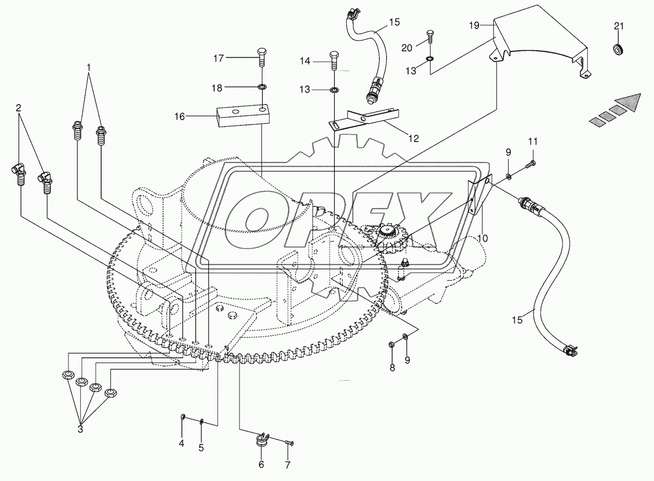 Mounting parts discharge chute rotation