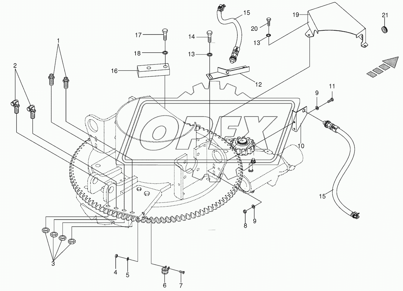 Mounting parts discharge chute rotation