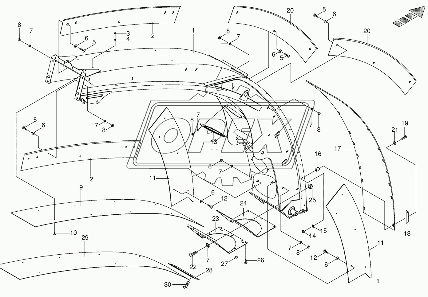 Upper discharge chute with wear plates