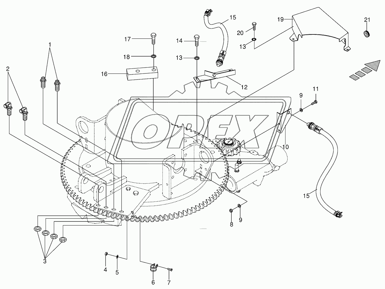 Mounting parts discharge chute rotation