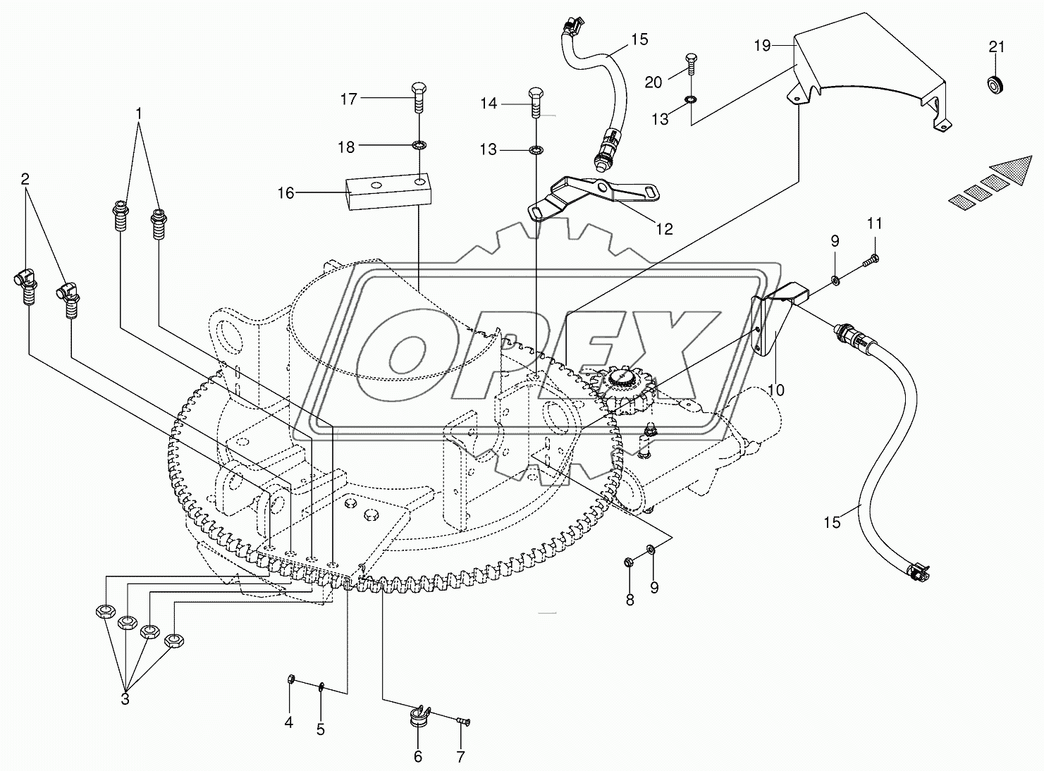 Mounting parts discharge chute rotation