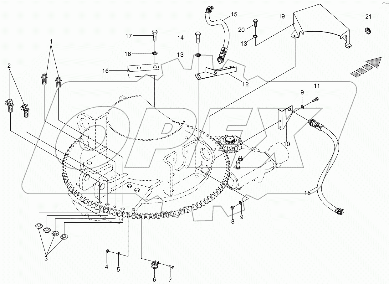 Mounting parts discharge chute rotation