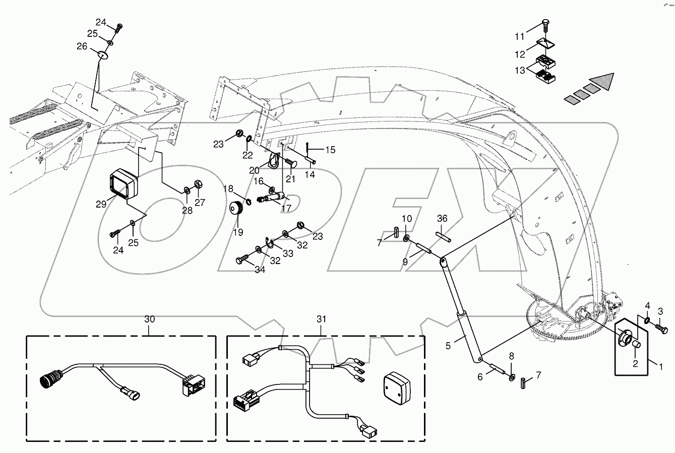 Upper discharge chute-mounting parts
