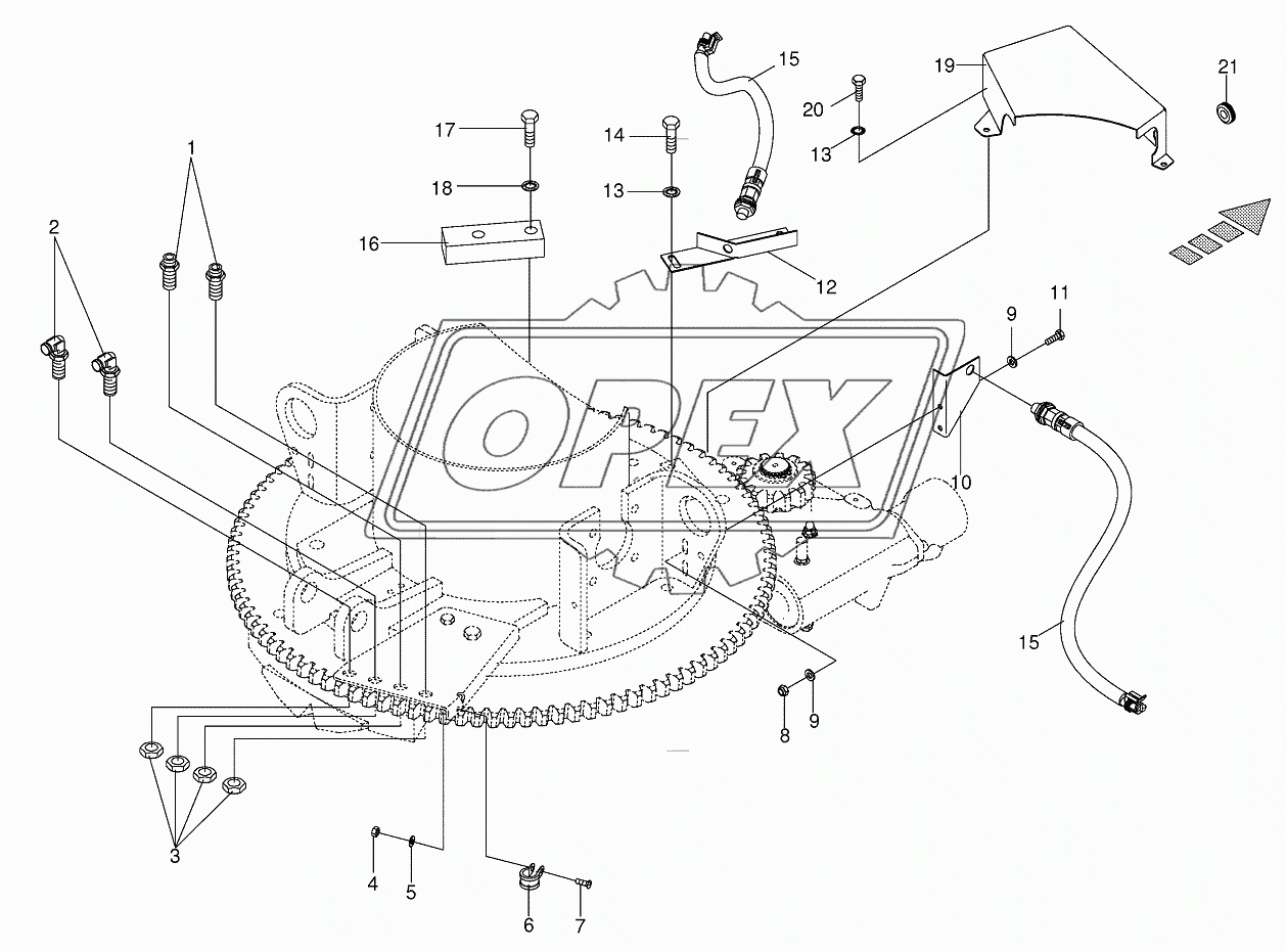 Mounting parts discharge chute rotation