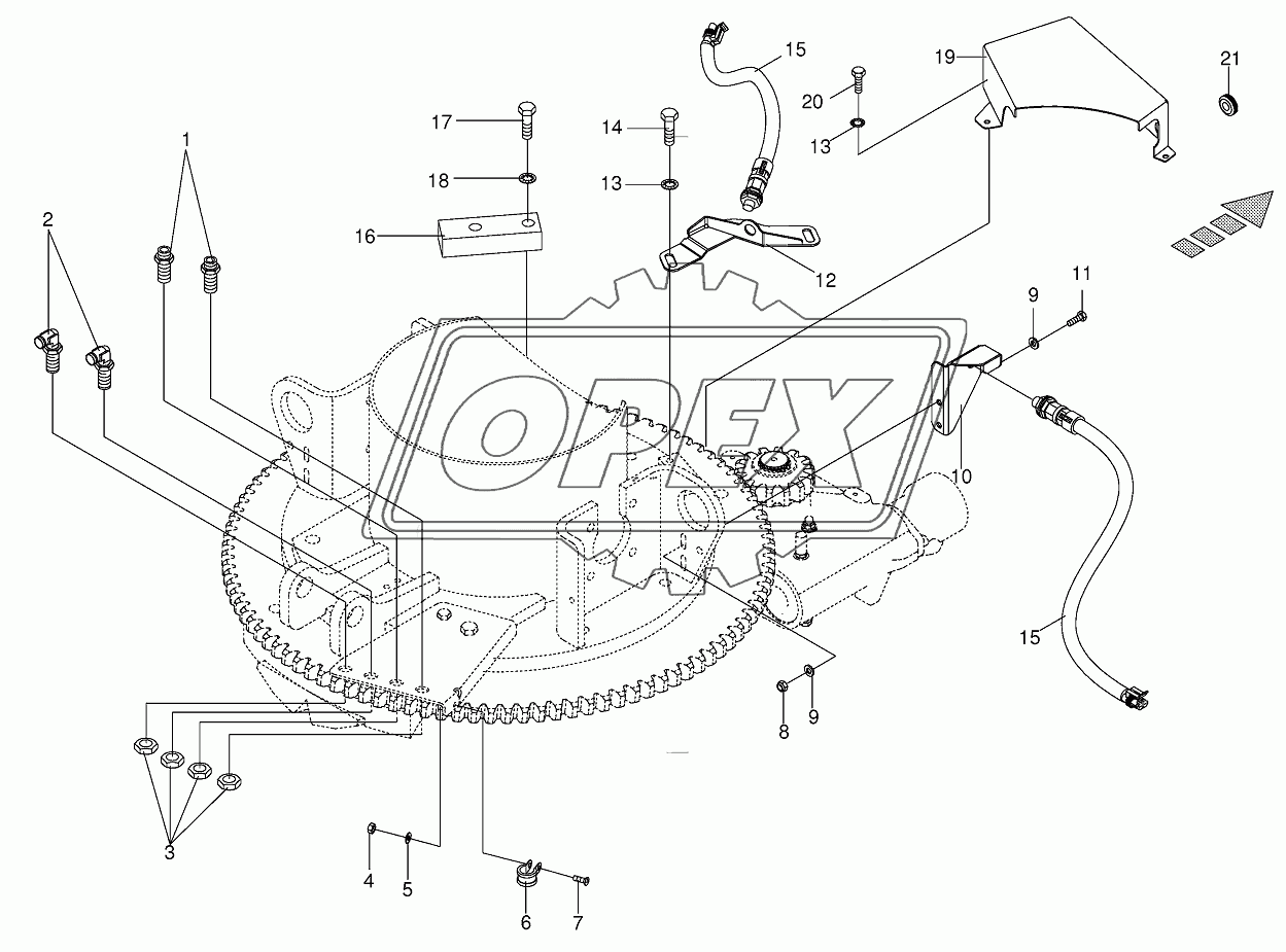 Mounting parts discharge chute rotation