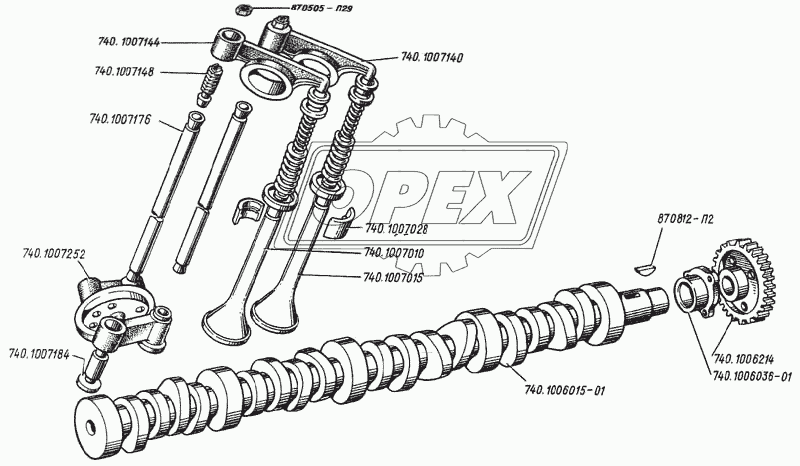 Вал распределительный, клапаны и толкатели