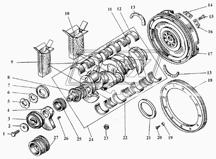 Коленчатый вал и маховик двигателя ЯМЗ-236НЕ и ЯМЗ-236А