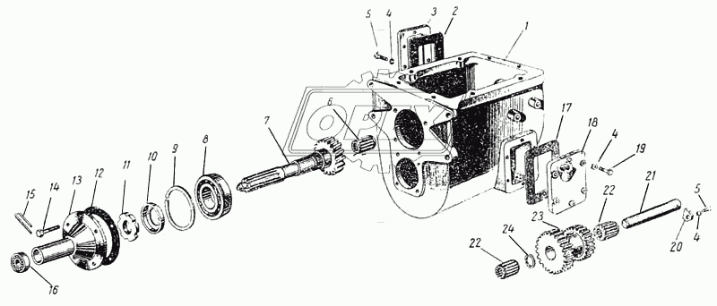 Картер, крышки, первичный вал и шестерня заднего хода коробки передач