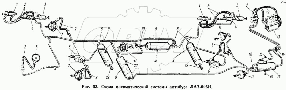 Схема пневматической системы автобуса ЛАЗ-695Н