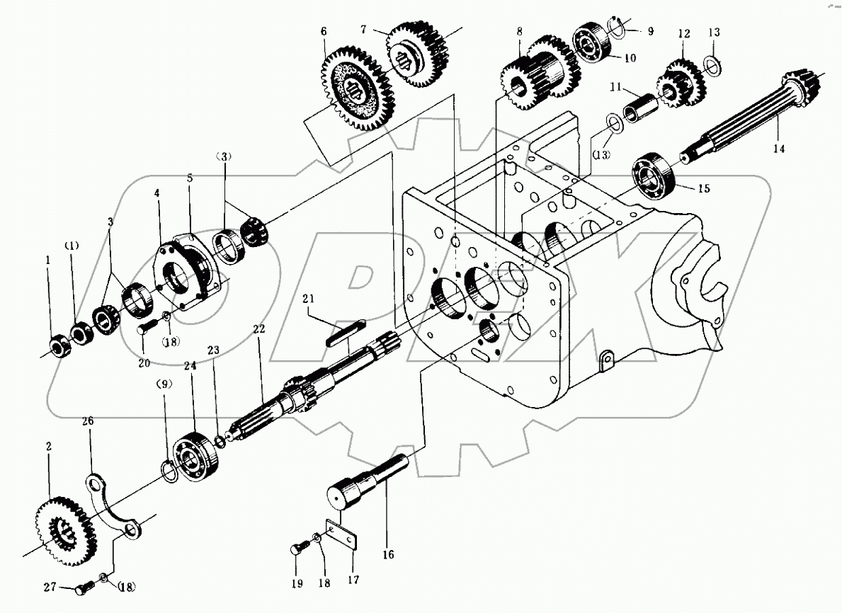 Первичный вал, ведущая коническая шестерня, вал заднего хода