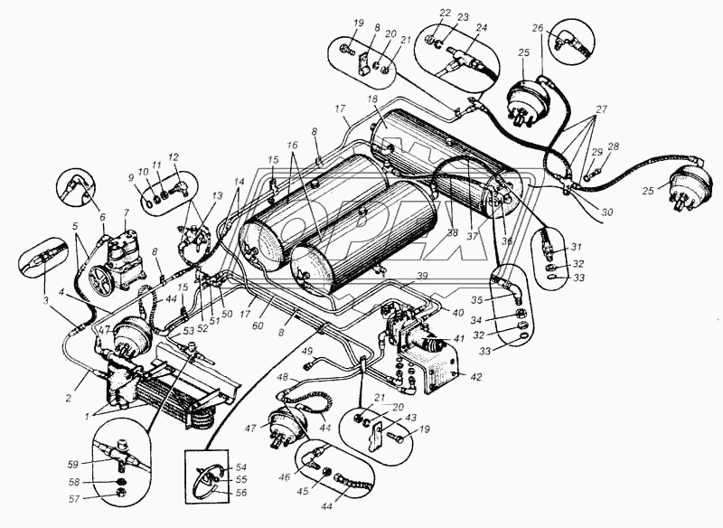 Привод пневматический тормозов автомобиля МАЗ-5549