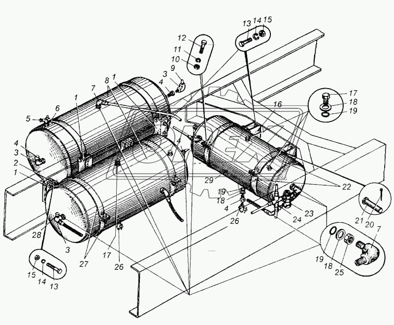 Крепление воздушных баллонов автомобиля МАЗ-5335