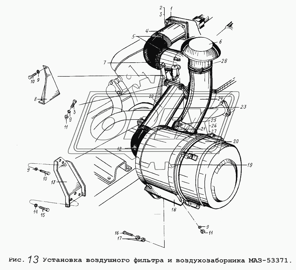 Установка воздушного фильтра и воздухозаборника МАЗ-53371