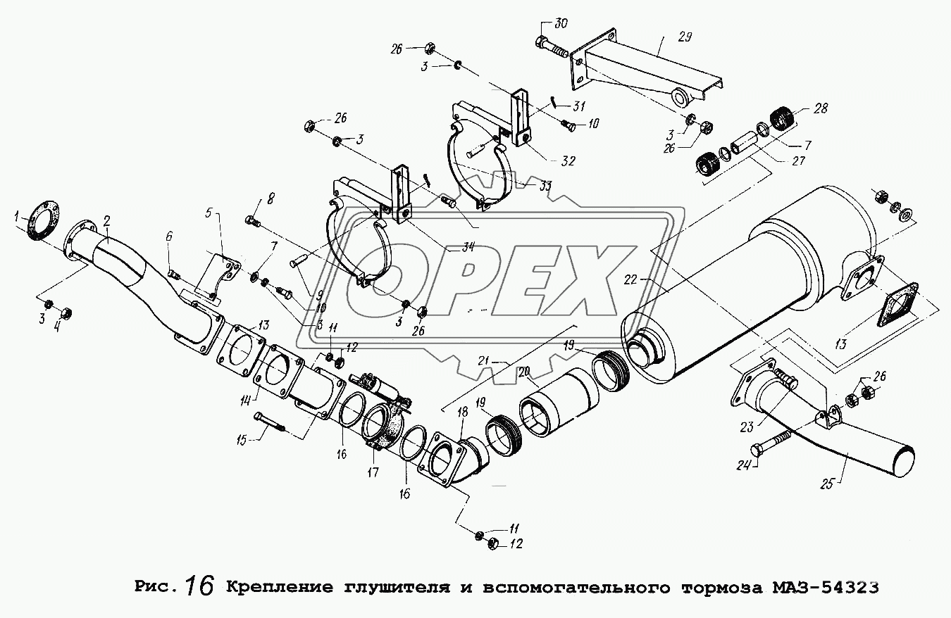 Крепление глушителя и вспомогательного тормоза МАЗ-54323
