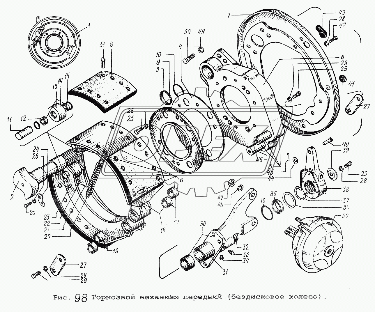 Тормозной механизм передний (бездисковое колесо)