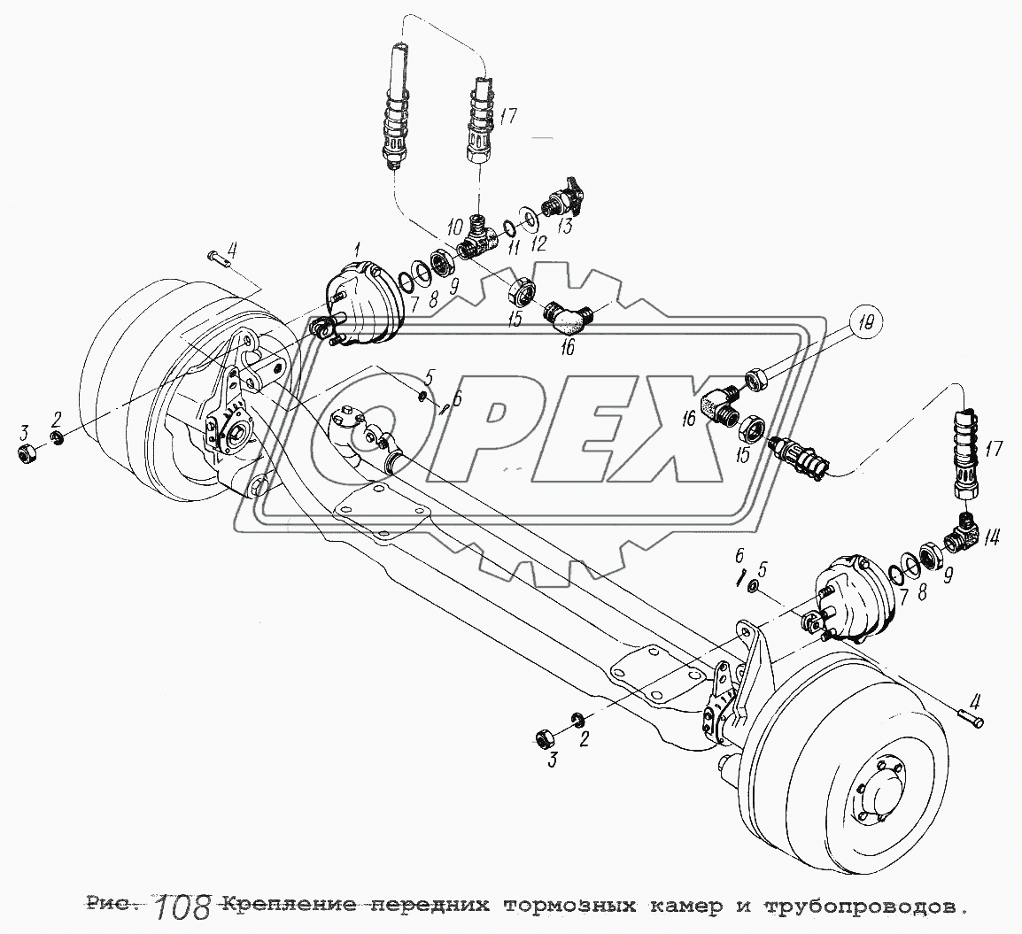 Крепление передних тормозных камер и трубопроводов