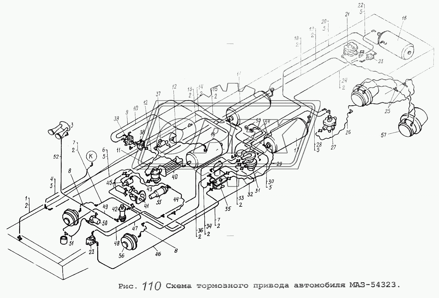 Схема тормозного привода автомобиля МАЗ-54323
