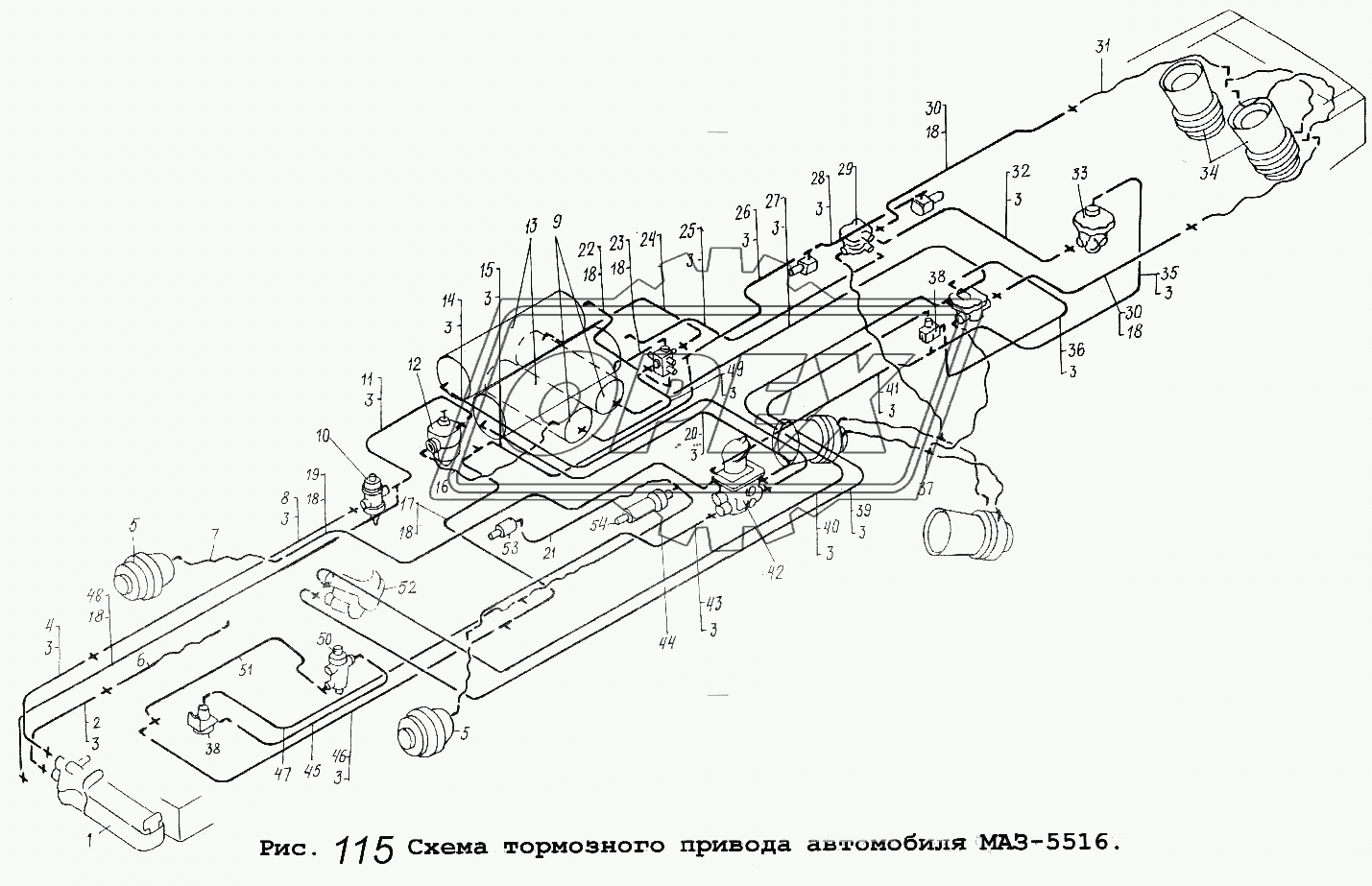 Схема тормозного привода автомобиля МАЗ-5516