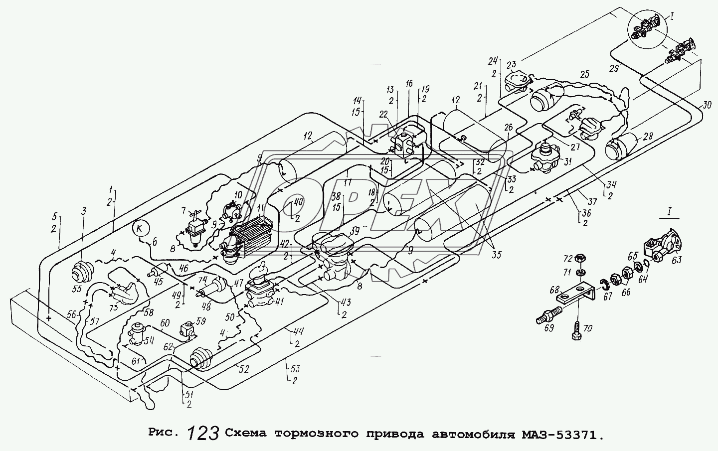Схема тормозного привода автомобиля МАЗ-53371