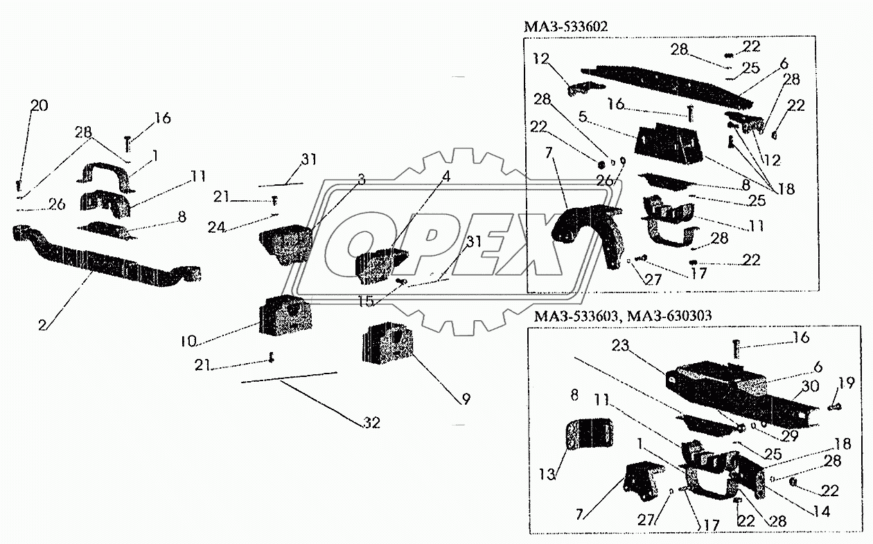 Крепление двигателя на автомобилях МАЗ-533602, МАЗ-533603, МАЗ-630303