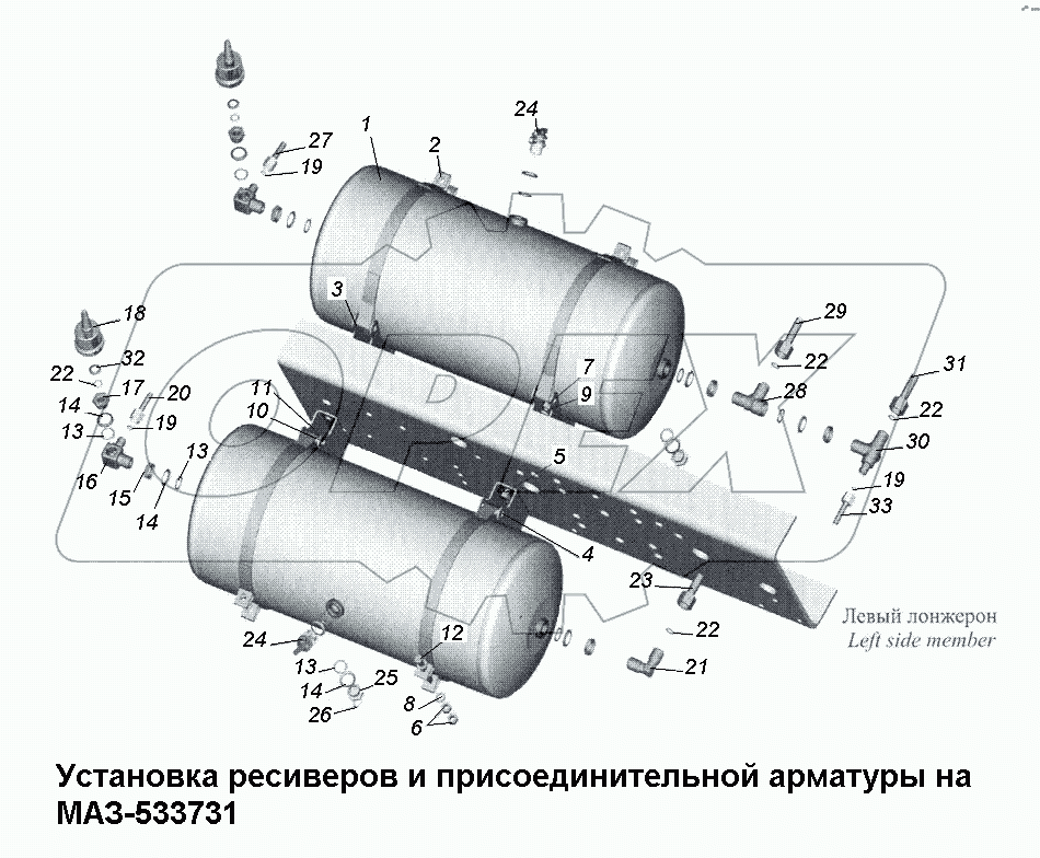 Установка ресиверов и присоединительной арматуры МАЗ-533731