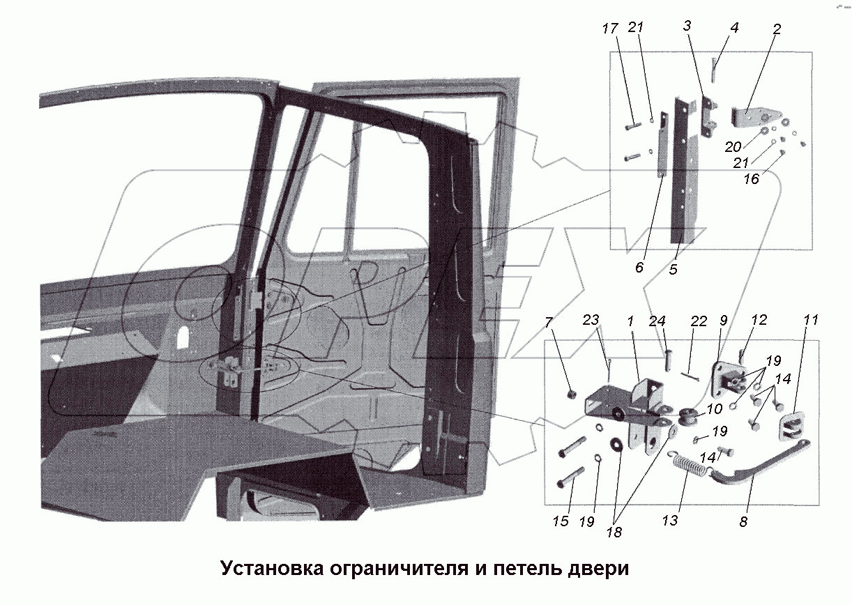 Установка ограничителя и петель двери