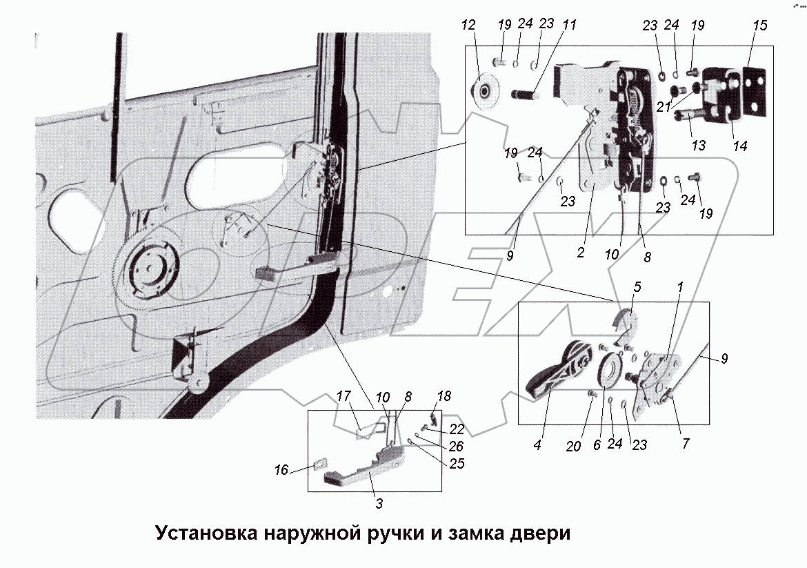 Установка наружной ручки и замка двери