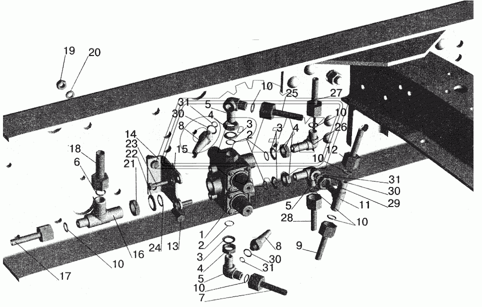 Крепление четырехконтурного клапана (рессорная подвеска, без ограничения скорости) МАЗ-543208, 543205