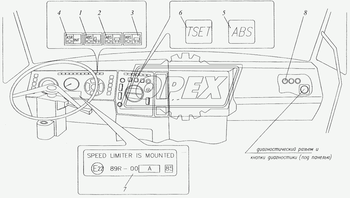 Расположение элементов АБС в кабине автомобилей семейства МАЗ-64221