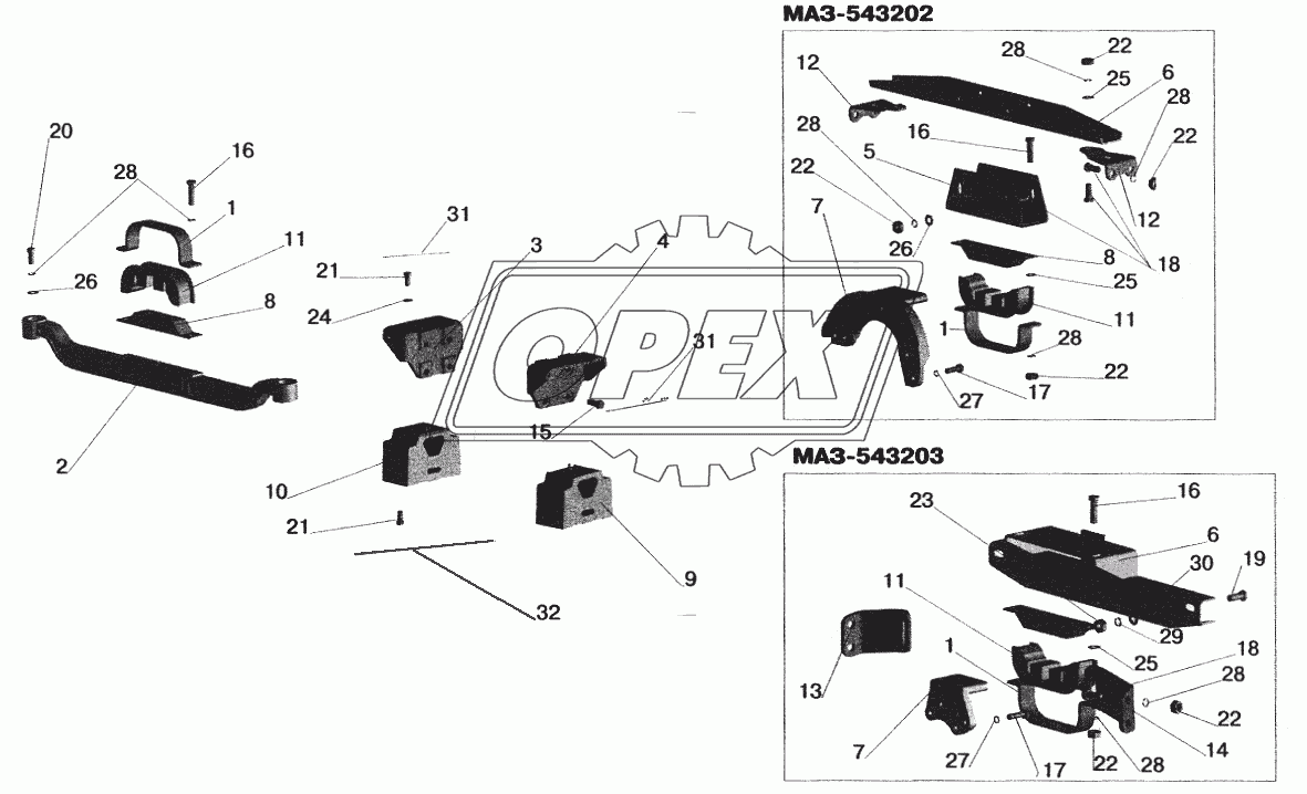 Крепление двигателя на автомобилях: МАЗ-543202, МАЗ-543203