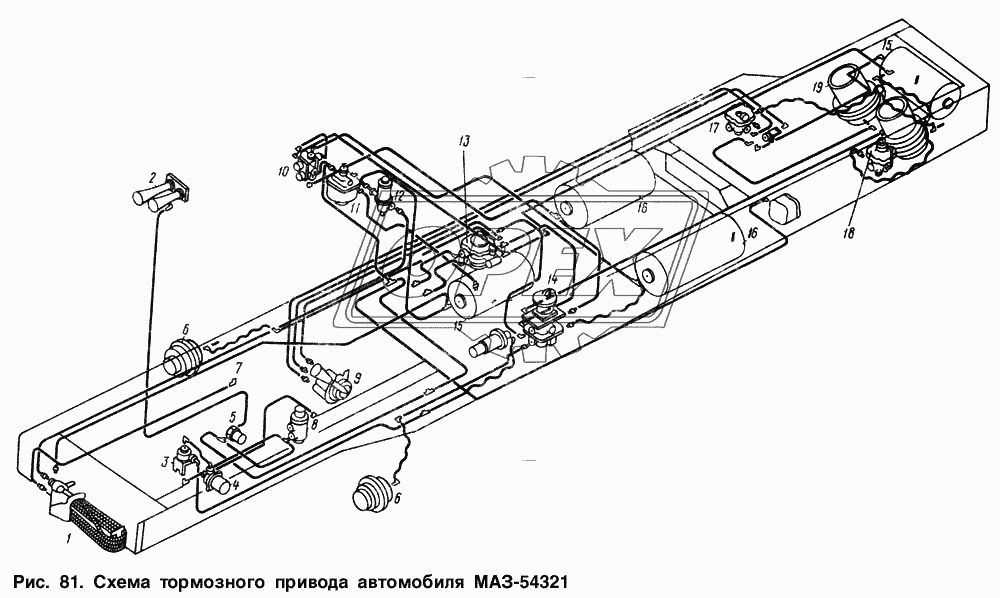 Схема тормозного привода автомобиля МАЗ-54321