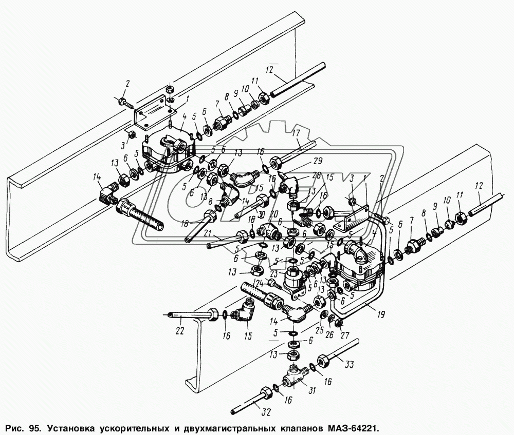 Установка ускорительных и двухмагистральных клапанов МАЗ-64221