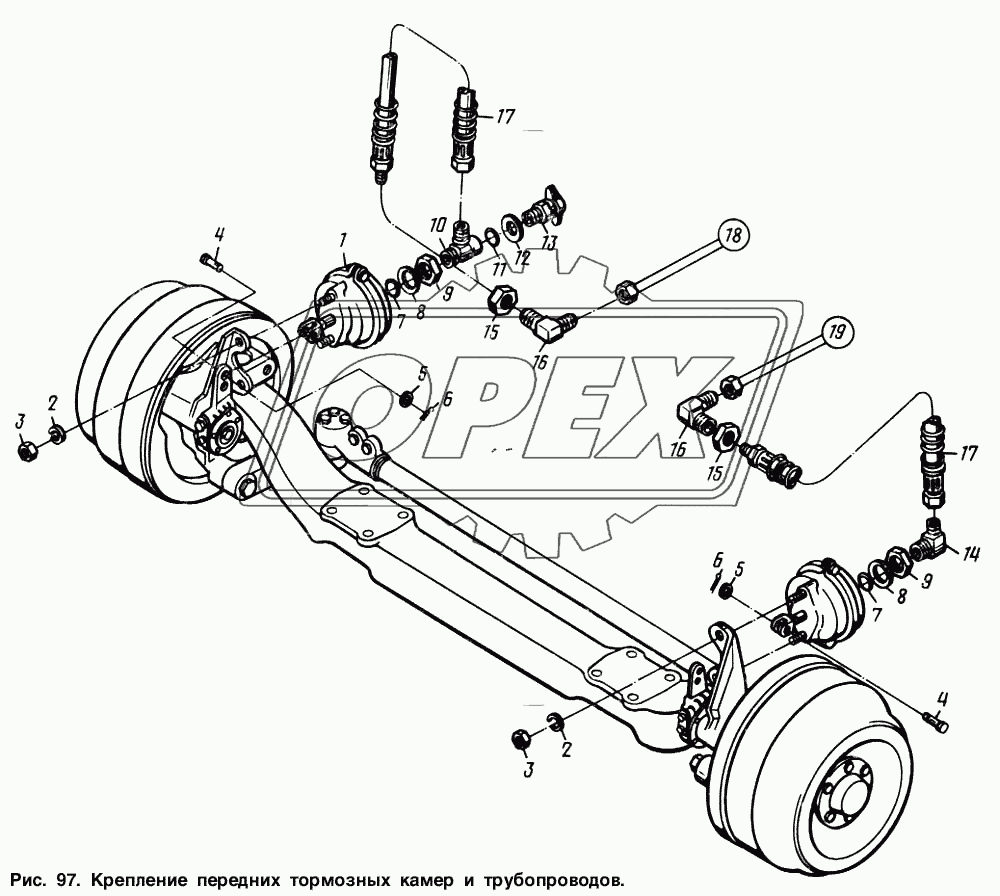 Крепление передних тормозных камер и трубопроводов