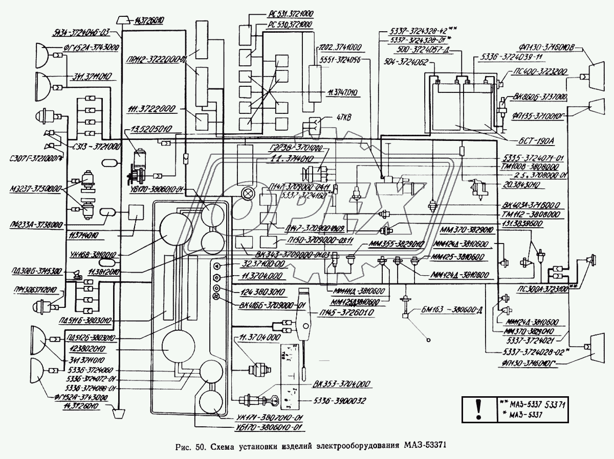 Схема установки изделий электрооборудования МАЗ-53371