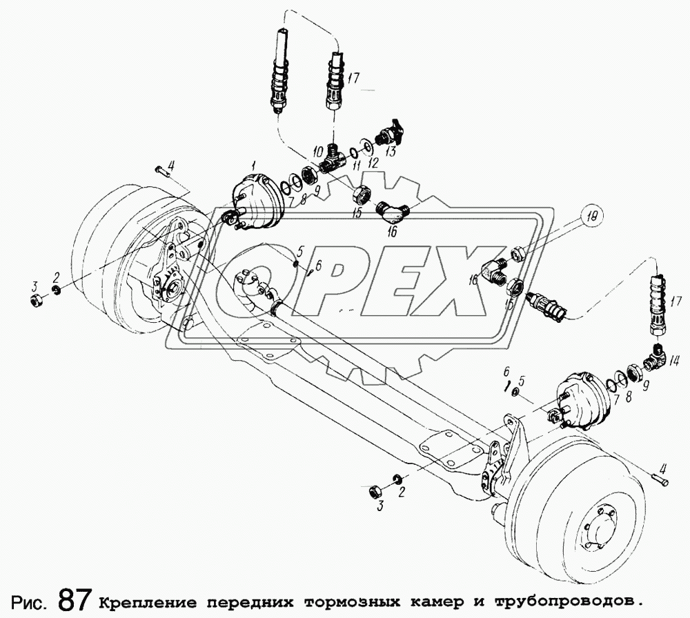 Крепление передних тормозных камер и трубопроводов