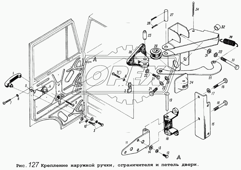 Крепление наружной ручки, ограничителя и петель двери