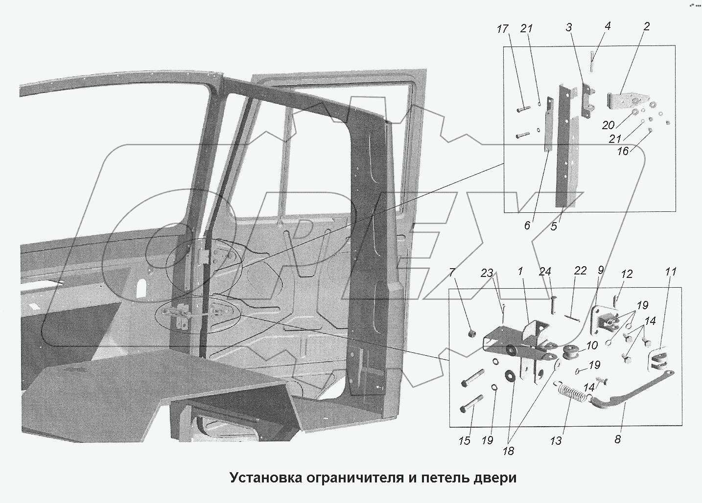 Установка ограничителя и петель двери