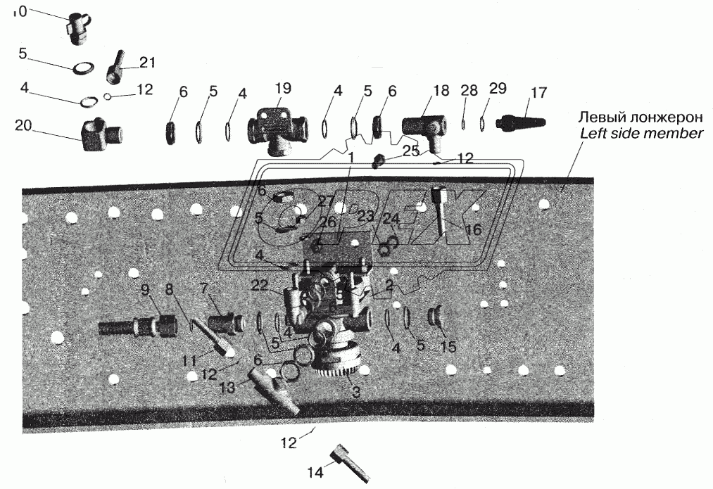 Установка ускорительного клапана и присоединительной арматуры МАЗ-555102