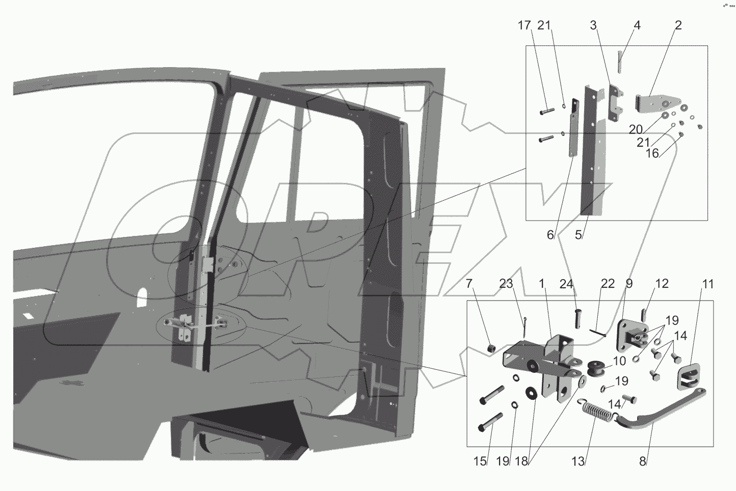 Установка ограничителя и петель двери
