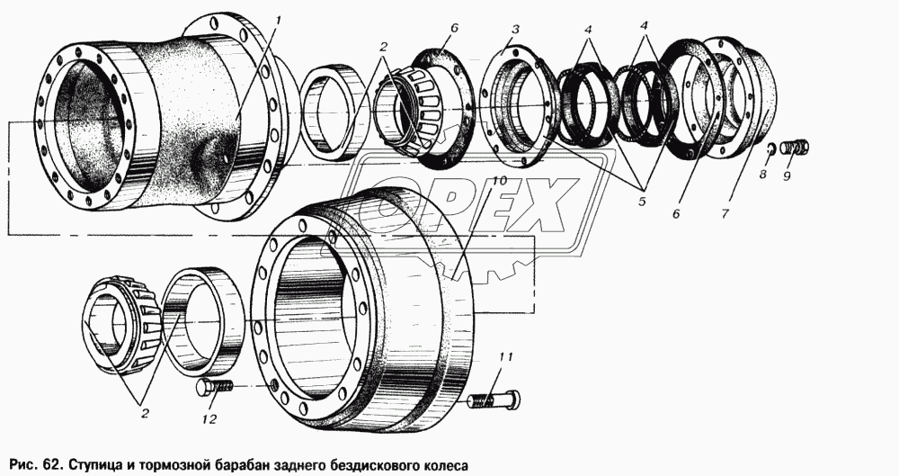 Ступица и тормозной барабан заднего бездискового колеса