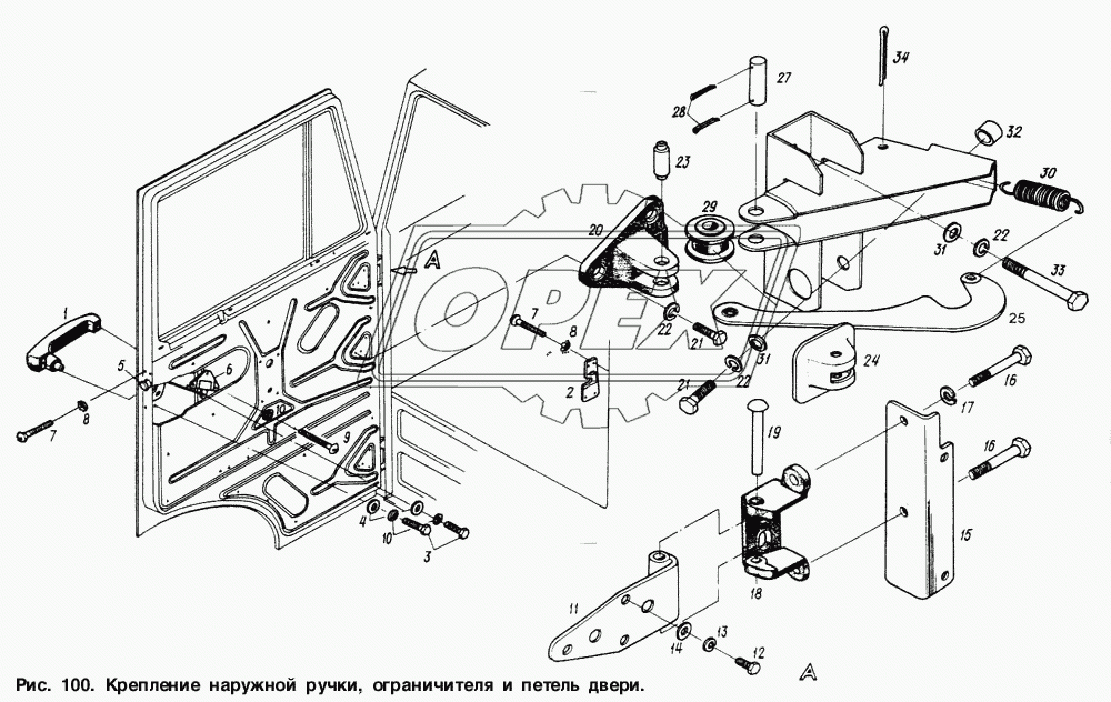 Крепление наружной ручки, ограничителя и петель двери
