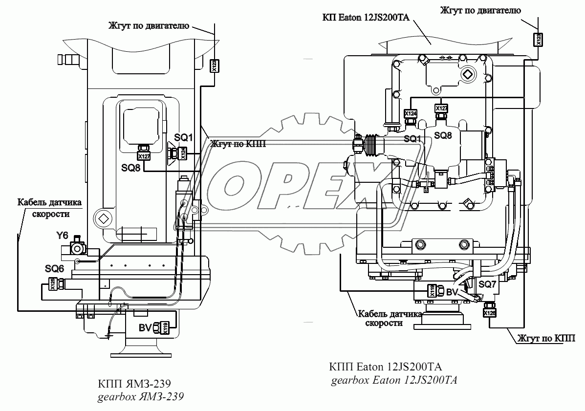 Расположение разъемов и элементов электрооборудования на КПП ЯМЗ-239, КПП Eaton12JS200TA