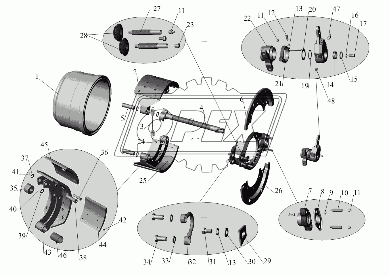 Тормозной механизм колес заднего и среднего мостов (для барабана диаметром 410 мм, с шириной накладок 220 мм)
