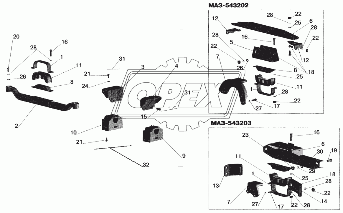 Крепление двигателя на автомобилях: МАЗ-543202, МАЗ-543203