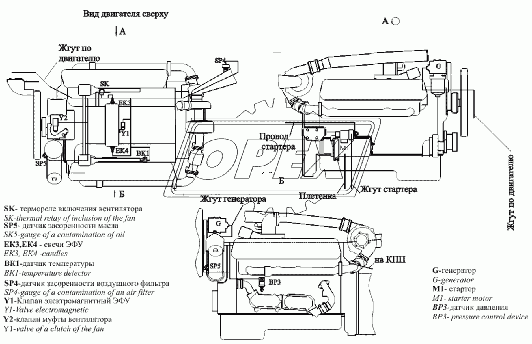 Расположение разъемов и элементов электрооборудования на двигателе ЯМЗ-238ДЕ2
