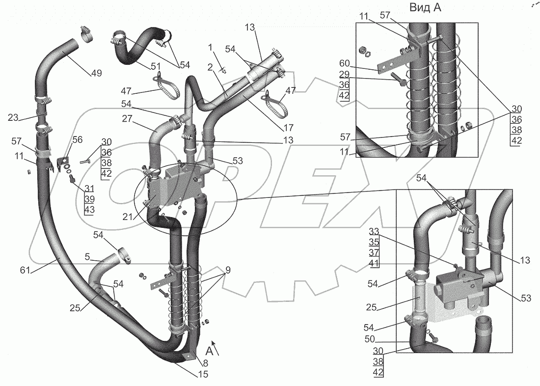  Установка шлангов отопителя 544019-8100006-020