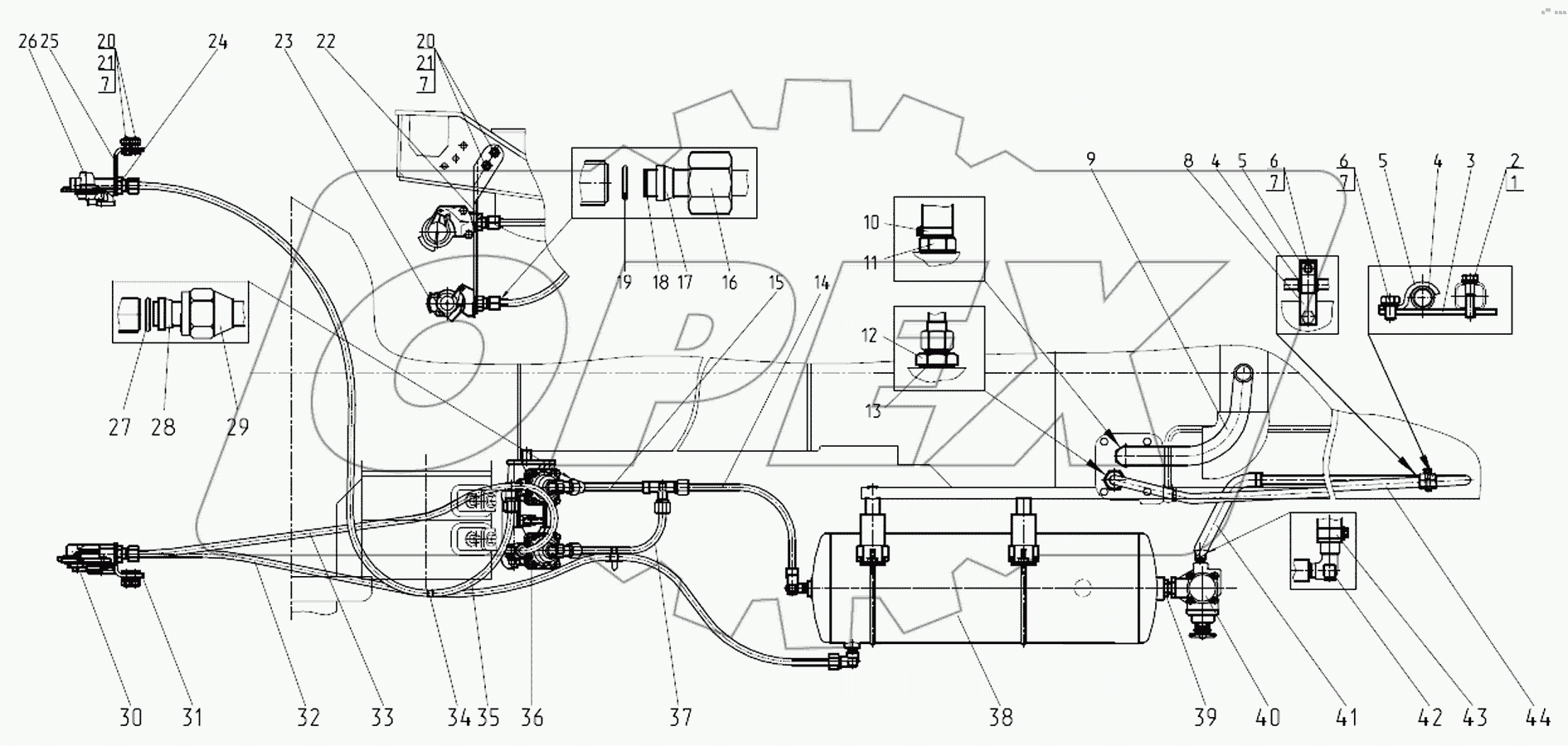 Трубопроводы и арматура пневмопривода тормозов прицепа