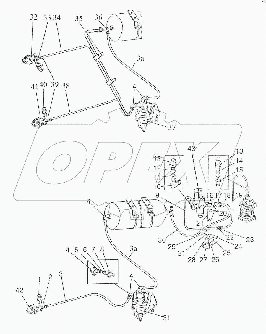 Трубопроводы и арматура пневмопривода тормозов прицепа