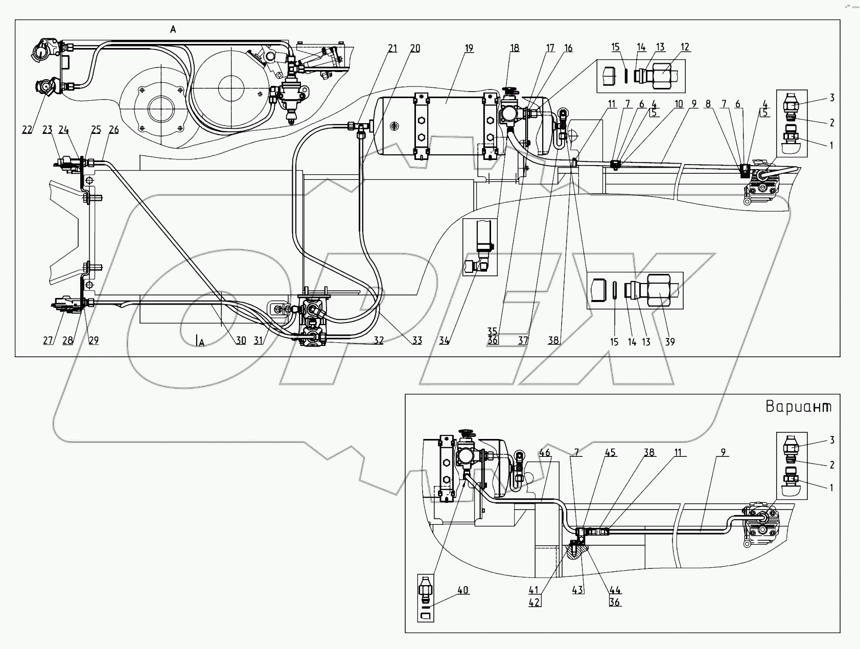 Трубопроводы и арматура пневмопривода тормозов прицепа